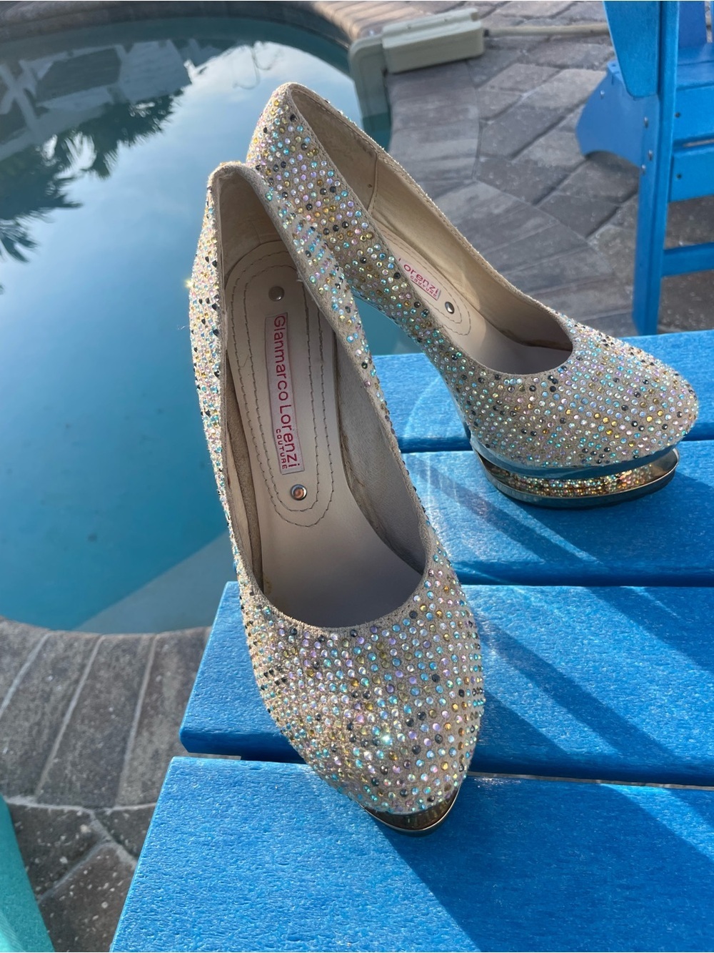Gianmarco Lorenzi Beige Crystal Embellished Platform Stilettos